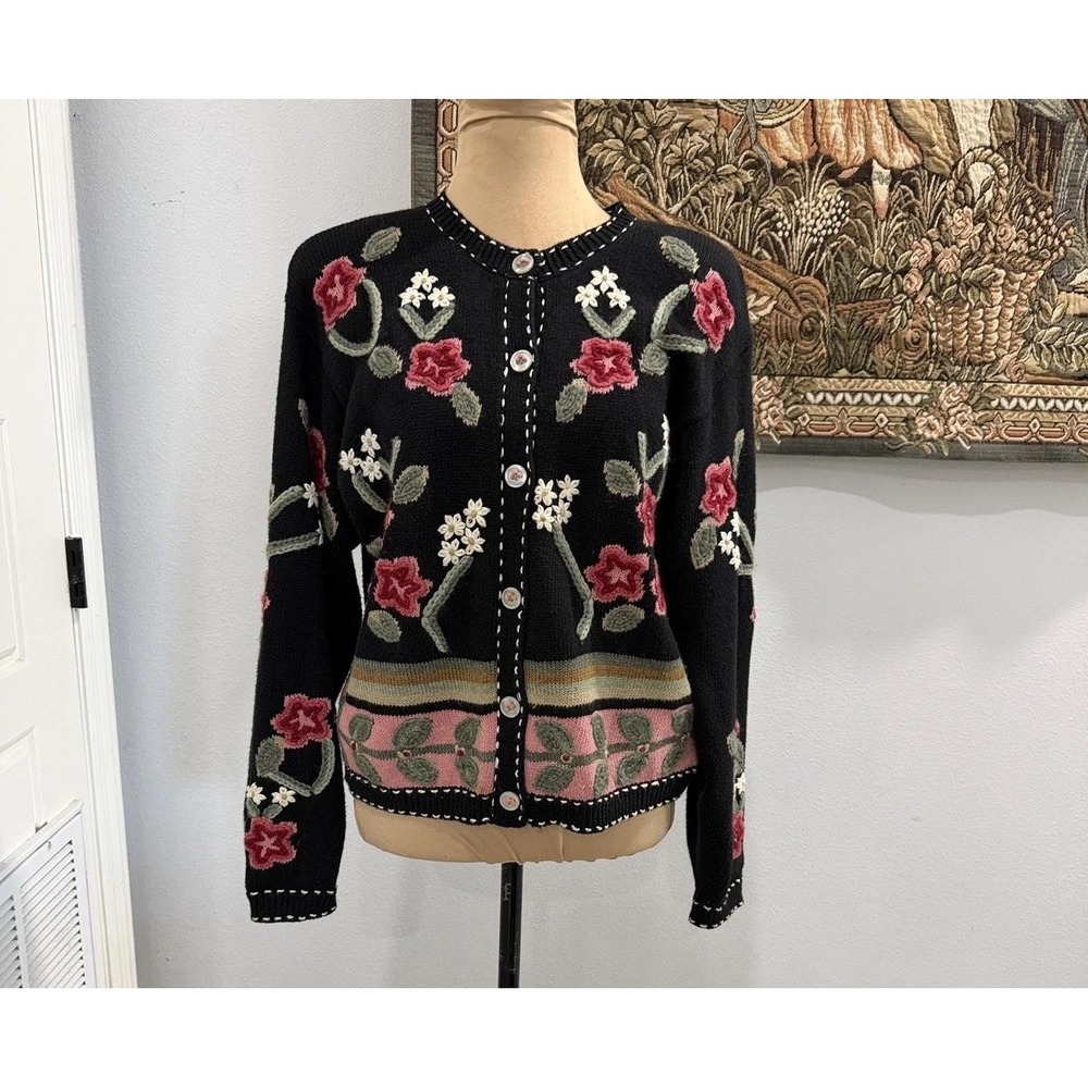 Vintage Susan Bristol Petites Sweater Womens Small Black Floral Cardigan 90s‎